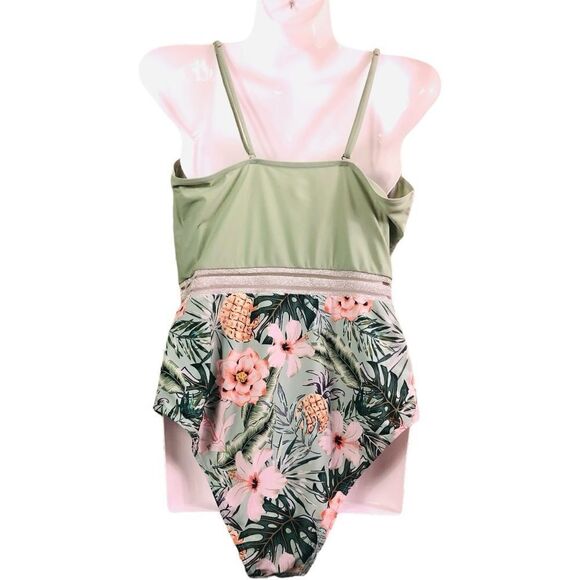 Tropical & Pineapple Print Green Peach One Piece Swimsuit - Picture 6 of 15